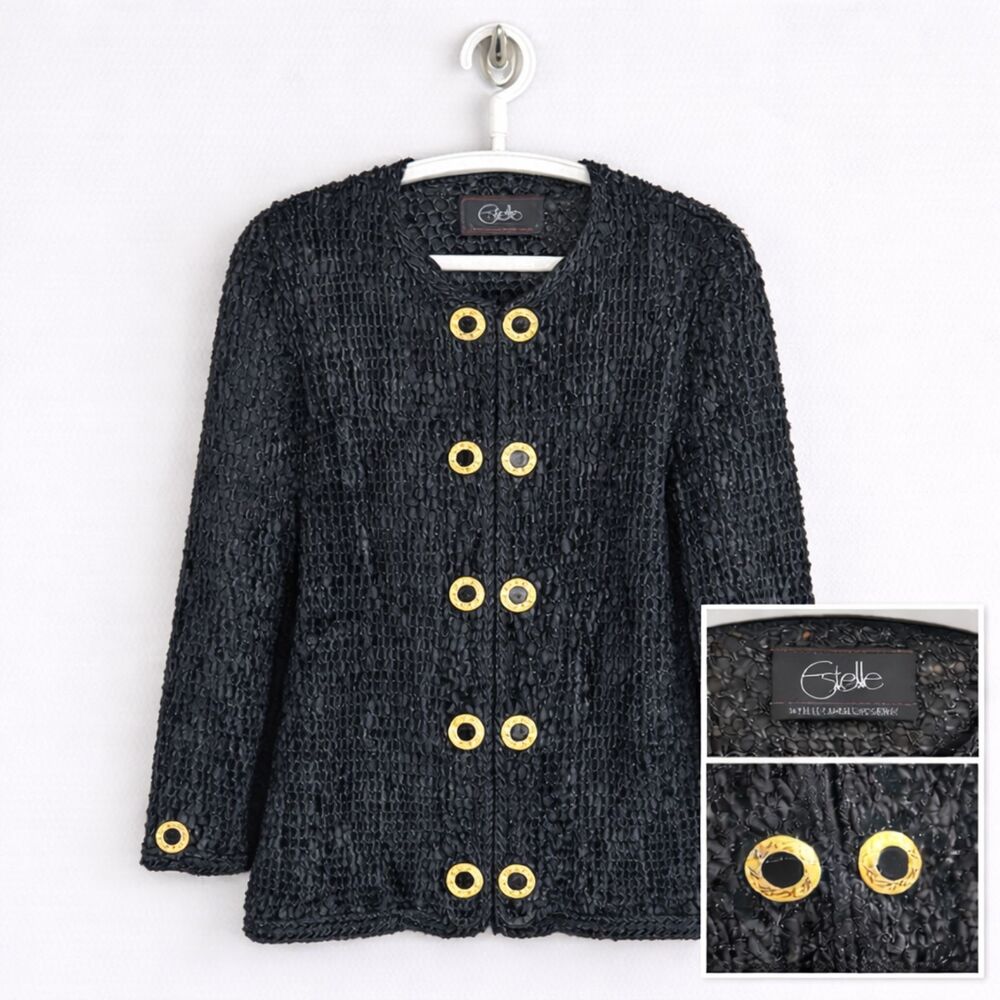 Vintage Estelle L Textured Jacket Black Gold Button Cardigan Blazer 80s Luxe - Picture 1 of 8